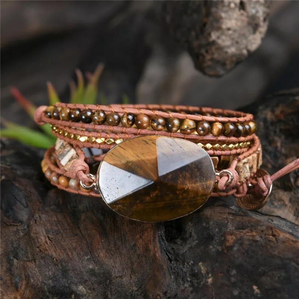 Tigers Eye Leather Gemstone Wrap Bracelet